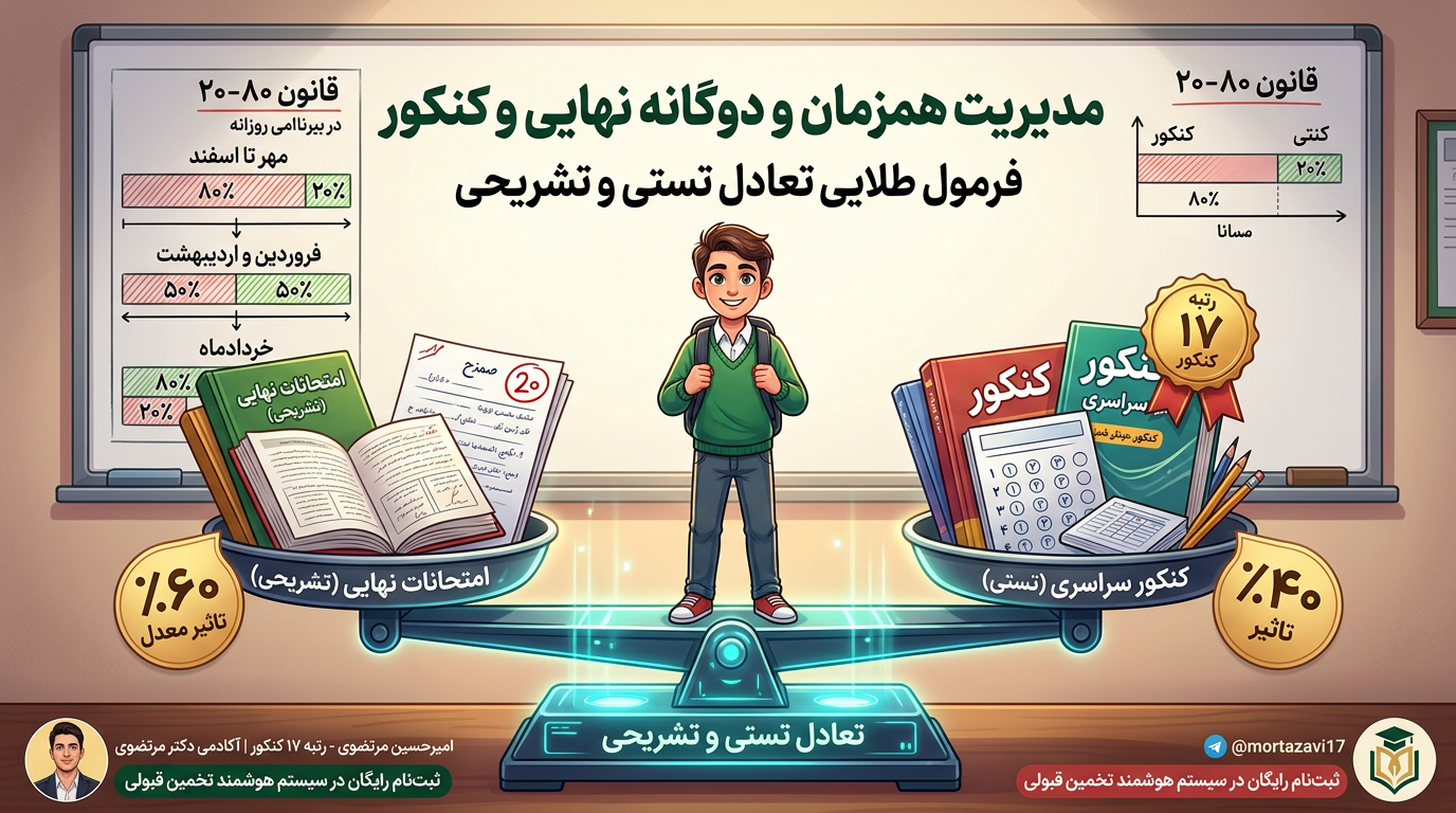 مدیریت همزمان و دوگانه نهایی و کنکور | فرمول طلایی تعادل تستی و تشریحی